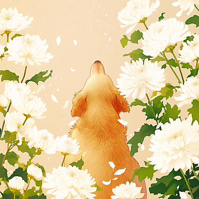 JPG 일러스트 국화 사람없음 반려동물 개 감성 장례 연분홍색 추모 국내일러스트 반려동물장례 AI일러스트 AI콘텐츠 동물 꽃 분홍색 컨셉 포유류 파일형식
