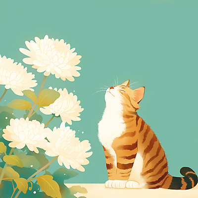 JPG 일러스트 국화 앉기 사람없음 반려동물 눈감음 고양이 청록색 감성 장례 추모 반려묘 국내일러스트 AI일러스트 AI콘텐츠 동물 꽃 컬러 컨셉 포유류 모션 파일형식