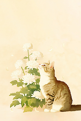 JPG 응시 일러스트 국화 앉기 사람없음 반려동물 고양이 감성 장례 베이지색 추모 반려묘 국내일러스트 AI일러스트 AI콘텐츠 동물 시선 꽃 컬러 컨셉 포유류 모션 파일형식