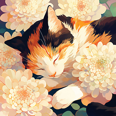 JPG 일러스트 국화 사람없음 반려동물 눈감음 고양이 감성 장례 추모 반려묘 국내일러스트 AI일러스트 AI콘텐츠 동물 꽃 컨셉 포유류 모션 파일형식