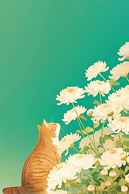 JPG 응시 일러스트 국화 앉기 사람없음 반려동물 고양이 청록색 감성 장례 추모 반려묘 국내일러스트 AI일러스트 AI콘텐츠 동물 시선 꽃 컬러 컨셉 포유류 모션 파일형식