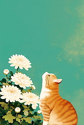 JPG 응시 일러스트 국화 앉기 사람없음 반려동물 고양이 청록색 감성 장례 추모 반려묘 국내일러스트 AI일러스트 AI콘텐츠 동물 시선 꽃 컬러 컨셉 포유류 모션 파일형식