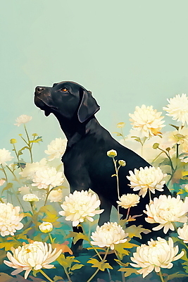 JPG 응시 일러스트 국화 앉기 사람없음 초록색 반려동물 개 감성 장례 추모 국내일러스트 반려동물장례 AI일러스트 AI콘텐츠 동물 시선 꽃 컬러 컨셉 포유류 모션 파일형식