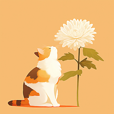 JPG 일러스트 국화 앉기 사람없음 반려동물 눈감음 주황색 고양이 감성 장례 추모 반려묘 국내일러스트 AI일러스트 AI콘텐츠 동물 꽃 컬러 컨셉 포유류 모션 파일형식