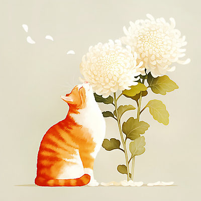 JPG 일러스트 국화 앉기 사람없음 반려동물 눈감음 고양이 감성 장례 추모 반려묘 국내일러스트 AI일러스트 AI콘텐츠 동물 꽃 컨셉 포유류 모션 파일형식