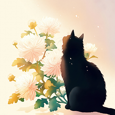 JPG 응시 일러스트 국화 앉기 사람없음 빛 반려동물 고양이 감성 장례 추모 반려묘 국내일러스트 AI일러스트 AI콘텐츠 동물 시선 꽃 컨셉 포유류 모션 파일형식