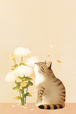 JPG 일러스트 국화 앉기 사람없음 반려동물 눈감음 고양이 감성 장례 베이지색 추모 반려묘 국내일러스트 AI일러스트 AI콘텐츠 동물 꽃 컬러 컨셉 포유류 모션 파일형식