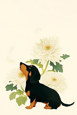 JPG 응시 일러스트 국화 앉기 사람없음 반려동물 개 감성 장례 베이지색 추모 국내일러스트 펫로스증후군 반려동물장례 AI일러스트 AI콘텐츠 동물 시선 꽃 컬러 컨셉 포유류 모션 질병 파일형식