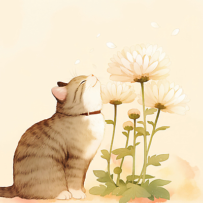 JPG 일러스트 국화 앉기 사람없음 반려동물 눈감음 고양이 감성 장례 베이지색 추모 반려묘 국내일러스트 AI일러스트 AI콘텐츠 동물 꽃 컬러 컨셉 포유류 모션 파일형식