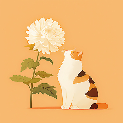 JPG 일러스트 국화 앉기 사람없음 반려동물 눈감음 주황색 고양이 감성 장례 추모 반려묘 국내일러스트 AI일러스트 AI콘텐츠 동물 꽃 컬러 컨셉 포유류 모션 파일형식