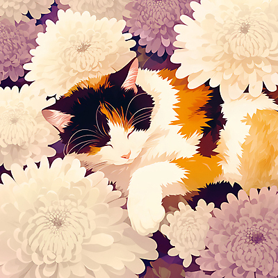 JPG 일러스트 국화 사람없음 반려동물 눈감음 보라색 고양이 감성 장례 추모 반려묘 국내일러스트 AI일러스트 AI콘텐츠 동물 꽃 컬러 컨셉 포유류 모션 파일형식