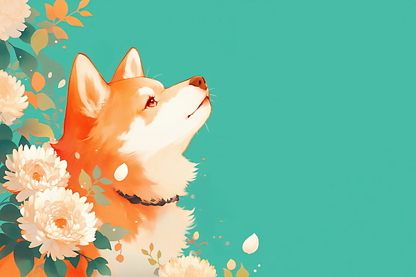 JPG 응시 일러스트 국화 사람없음 반려동물 강아지 청록색 감성 장례 추모 국내일러스트 펫로스증후군 반려동물장례 AI일러스트 AI콘텐츠 동물 시선 꽃 컬러 컨셉 개 질병 파일형식