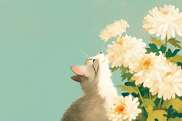 JPG 일러스트 국화 사람없음 초록색 반려동물 눈감음 고양이 감성 장례 추모 반려묘 국내일러스트 AI일러스트 AI콘텐츠 동물 꽃 컬러 컨셉 포유류 모션 파일형식