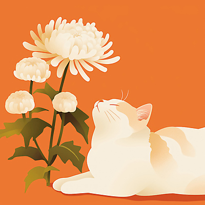JPG 엎드리기 일러스트 국화 사람없음 반려동물 눈감음 주황색 고양이 감성 장례 추모 반려묘 국내일러스트 AI일러스트 AI콘텐츠 동물 꽃 컬러 컨셉 포유류 모션 파일형식