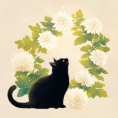 JPG 응시 일러스트 국화 앉기 사람없음 반려동물 고양이 감성 장례 베이지색 추모 반려묘 국내일러스트 AI일러스트 AI콘텐츠 동물 시선 꽃 컬러 컨셉 포유류 모션 파일형식