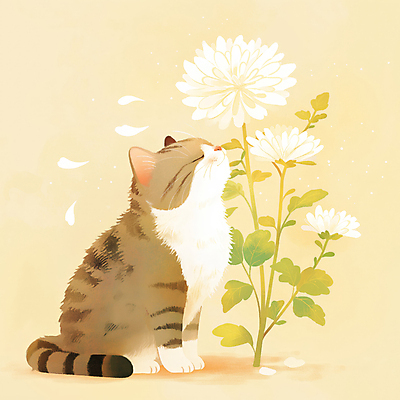 JPG 일러스트 국화 앉기 사람없음 반려동물 눈감음 고양이 감성 장례 추모 반려묘 연노랑색 국내일러스트 AI일러스트 AI콘텐츠 동물 꽃 컨셉 포유류 모션 노란색 파일형식