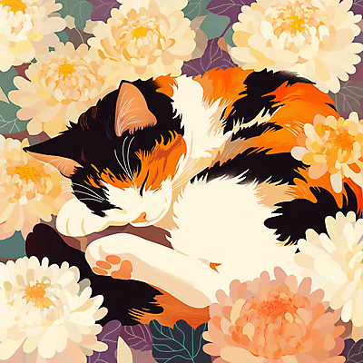JPG 일러스트 국화 사람없음 반려동물 눈감음 주황색 고양이 감성 웅크림 장례 추모 반려묘 국내일러스트 AI일러스트 AI콘텐츠 동물 꽃 컬러 컨셉 포유류 모션 파일형식