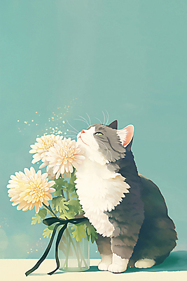 JPG 응시 리본 일러스트 유리병 국화 앉기 사람없음 반려동물 고양이 청록색 감성 장례 추모 반려묘 국내일러스트 AI일러스트 AI콘텐츠 동물 시선 꽃 컬러 컨셉 포유류 모션 병_용기 파일형식