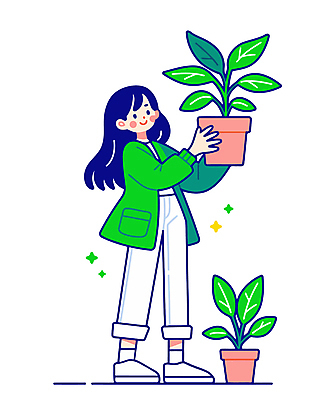 전신 식물 여자 화분 일러스트 한명 미소 들기 성인 초록색 반짝임 원예 성인여자한명만 홈가드닝 일러캐릭터 AI파일 캐릭터 1 컬러 모션 표정 사람 취미 여자한명만 성인여자만 파일형식 벡터