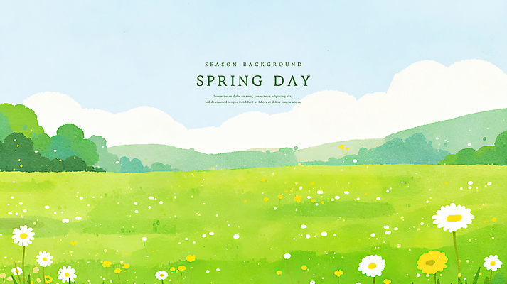 PSD 구름 꽃 일러스트 자연 하늘 수채화 산 잔디 초원 사람없음 초록색 봄풍경 감성 국내일러스트 자연요소 식물 컬러 컨셉 풍경 봄 생태계 파일형식