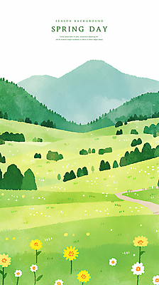 PSD 나무 꽃 길 일러스트 자연 하늘 수채화 산 잔디 초원 사람없음 초록색 봄풍경 감성 국내일러스트 식물 컬러 컨셉 풍경 봄 생태계 파일형식