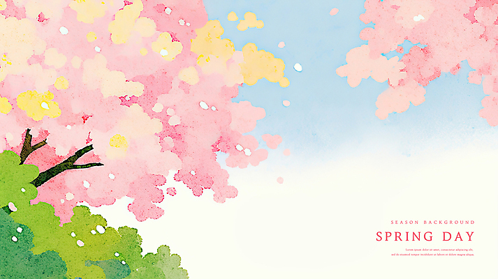 PSD 분홍색 일러스트 자연 하늘 수채화 사람없음 봄풍경 벚나무 감성 국내일러스트 나무 컬러 컨셉 풍경 봄 벚꽃 생태계 파일형식