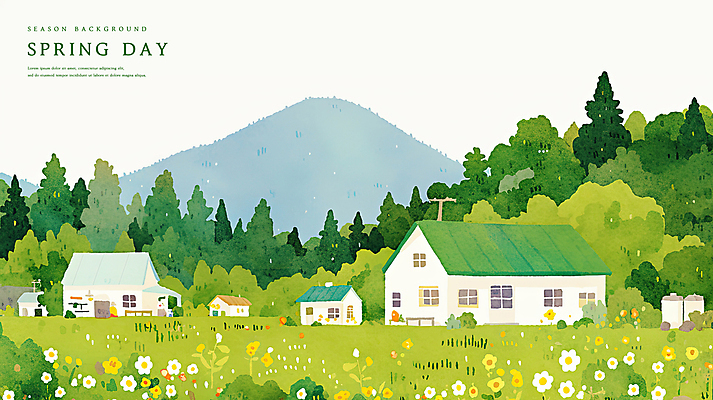 PSD 나무 꽃 일러스트 자연 수채화 산 주택 잔디 초원 사람없음 초록색 마을 봄풍경 감성 국내일러스트 식물 컬러 컨셉 풍경 건물 봄 생태계 파일형식