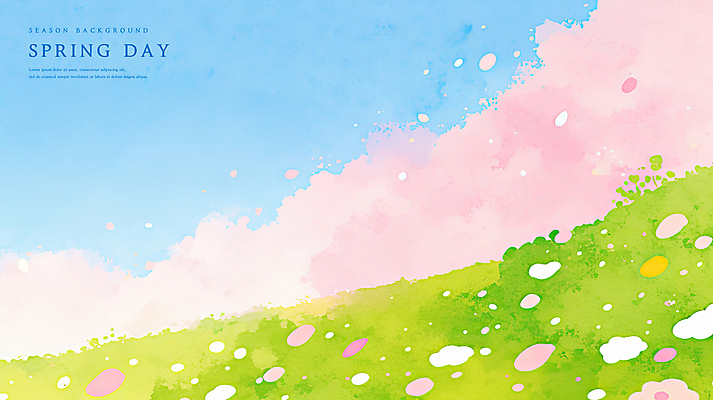 PSD 꽃잎 분홍색 일러스트 자연 하늘 수채화 잔디 초원 사람없음 초록색 봄풍경 벚나무 감성 국내일러스트 나무 식물 꽃 컬러 컨셉 풍경 봄 벚꽃 생태계 파일형식
