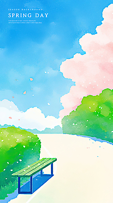 PSD 구름 꽃잎 길 벤치 일러스트 자연 하늘 수채화 사람없음 봄풍경 벚나무 감성 국내일러스트 자연요소 나무 꽃 컨셉 의자 풍경 봄 벚꽃 생태계 파일형식