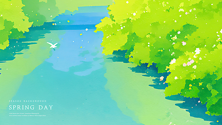 PSD 나무 식물 꽃잎 일러스트 자연 수채화 사람없음 초록색 물 파란색 강 봄풍경 감성 화창 국내일러스트 자연요소 꽃 컬러 컨셉 날씨 풍경 봄 생태계 파일형식