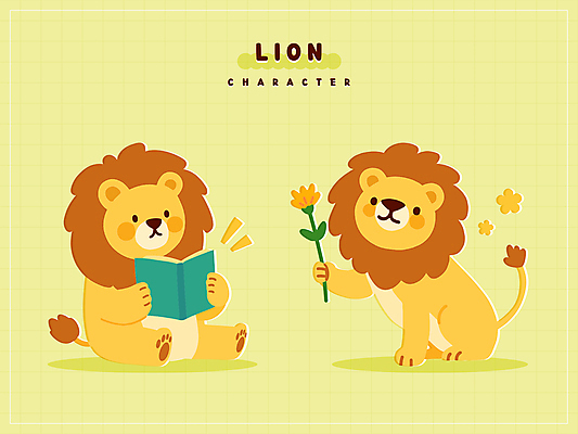 꽃 동물캐릭터 스티커 일러스트 미소 들기 앉기 사람없음 책 연두색 독서 귀여움 사자 일러캐릭터 AI파일 식물 동물 캐릭터 컨셉 포유류 모션 표정 초록색 파일형식 벡터
