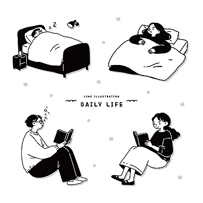 전신 여자 남자 일러스트 베개 조명 앉기 여러명 성인 일상 책 컵 눕기 독서 검은색 이불 침대 잠 라인아트 협탁 눈내림 성인만 일러캐릭터 AI파일 캐릭터 식기 선 컬러 가구 다수 침구 모션 눈_날씨 사람 라이프 파일형식 벡터