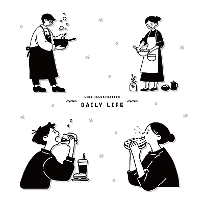 식물 그릇 여자 남자 화분 일러스트 주전자 샌드위치 요리 미소 들기 여러명 성인 일상 검은색 앞치마 햄버거 연기 냄비 먹기 라인아트 콜라 눈내림 성인만 일러캐릭터 AI파일 캐릭터 식기 선 음식 컬러 다수 모션 주방용품 패스트푸드 눈_날씨 표정 사람 라이프 솥 탄산음료 파일형식 벡터