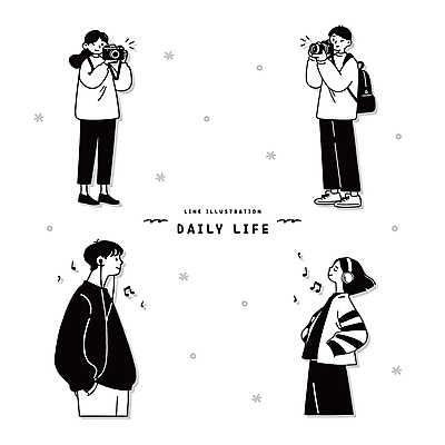 여자 남자 음표 일러스트 미소 들기 여러명 성인 취미 일상 카메라 눈감음 검은색 사진촬영 헤드폰 음악감상 라인아트 주머니손 백팩 눈내림 성인만 일러캐릭터 AI파일 캐릭터 기호 선 음악 컬러 음향기기 다수 가방 모션 눈_날씨 표정 사람 라이프 전자제품 촬영 감상 파일형식 벡터