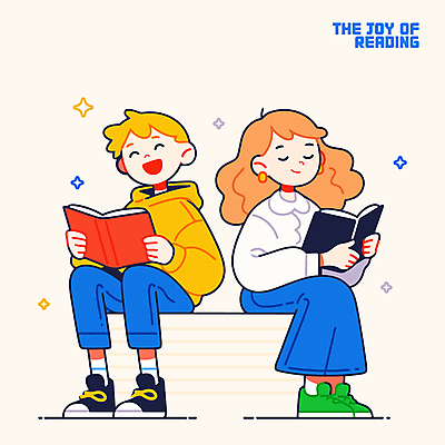 전신 여자 남자 행복 어린이 일러스트 돋보기 웃음 들기 앉기 소녀 소년 두명 책 반짝임 독서 눈감음 어린이만 국내일러스트 AI파일 감정 모션 표정 사람 파일형식 벡터