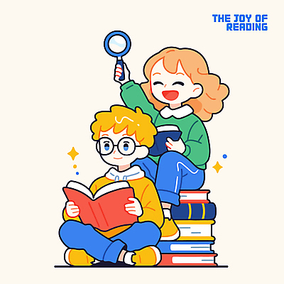 전신 여자 남자 행복 일러스트 돋보기 웃음 들기 앉기 성인 두명 반짝임 독서 즐거움 책더미 성인만 안경낌 국내일러스트 AI파일 감정 안경 모션 표정 사람 책 무더기 파일형식 벡터