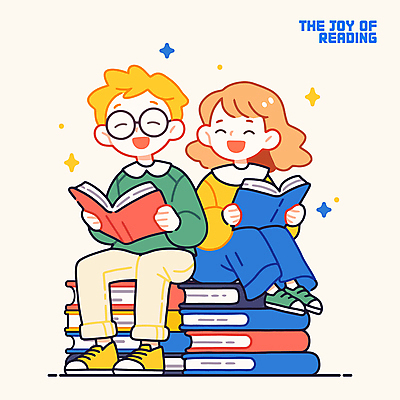 전신 여자 남자 행복 어린이 일러스트 웃음 들기 앉기 소녀 소년 두명 반짝임 독서 즐거움 책더미 어린이만 안경낌 국내일러스트 AI파일 감정 안경 모션 표정 사람 책 무더기 파일형식 벡터