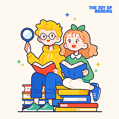 전신 여자 남자 행복 어린이 일러스트 돋보기 웃음 들기 앉기 소녀 소년 두명 독서 책더미 어린이만 안경낌 국내일러스트 AI파일 감정 안경 모션 표정 사람 책 무더기 파일형식 벡터