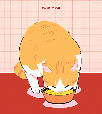 일러스트 사람없음 빨간색 눈감음 고양이 먹기 밥그릇 반려묘 고양이먹이 국내일러스트 AI파일 그릇 컬러 포유류 모션 반려동물 먹이 파일형식 벡터