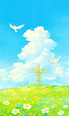 JPG 구름 십자가 꽃밭 일러스트 조류 하늘 잔디 사람없음 평화 봄풍경 화사함 화창 국내일러스트 AI일러스트 AI콘텐츠 자연요소 식물 동물 꽃 컨셉 날씨 풍경 봄 파일형식