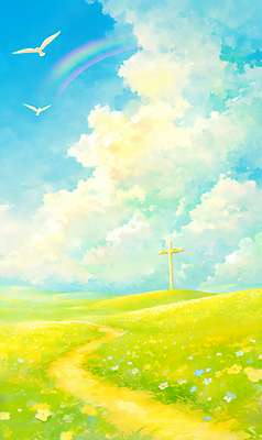 JPG 구름 꽃 길 십자가 무지개 일러스트 조류 하늘 잔디 초원 사람없음 평화 봄풍경 화사함 화창 국내일러스트 AI일러스트 AI콘텐츠 자연요소 식물 동물 컨셉 날씨 풍경 봄 파일형식