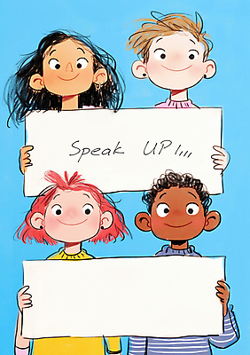 JPG 여자 남자 일러스트 청소년 협력 사각프레임 미소 들기 여러명 상반신 친구 팻말 발표 그룹 십대만 카피스페이스 국내일러스트 AI일러스트 AI콘텐츠 다수 관계 모션 프레임 표정 사람 사각형 공백 파일형식