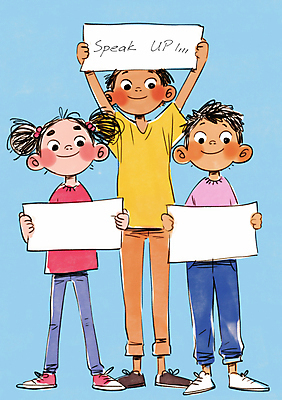 JPG 여자 남자 일러스트 청소년 협력 사각프레임 미소 들기 상반신 세명 친구 팻말 발표 그룹 십대만 카피스페이스 국내일러스트 AI일러스트 AI콘텐츠 관계 모션 프레임 표정 사람 사각형 공백 파일형식