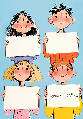 JPG 여자 남자 일러스트 청소년 협력 사각프레임 미소 들기 여러명 상반신 친구 팻말 발표 그룹 십대만 카피스페이스 국내일러스트 AI일러스트 AI콘텐츠 다수 관계 모션 프레임 표정 사람 사각형 공백 파일형식