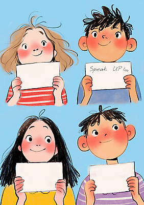 JPG 여자 남자 일러스트 청소년 협력 사각프레임 미소 들기 여러명 상반신 친구 팻말 발표 그룹 십대만 카피스페이스 국내일러스트 AI일러스트 AI콘텐츠 다수 관계 모션 프레임 표정 사람 사각형 공백 파일형식