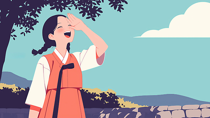 JPG 나무 구름 여자 일러스트 청소년 하늘 한명 미소 담장 손들기 봄 한복 풀숲 활기 십대여자한명만 국내일러스트 AI일러스트 AI콘텐츠 자연요소 식물 1 한국전통 계절 컨셉 모션 표정 사람 숲 전통의상 여자한명만 십대여자만 파일형식