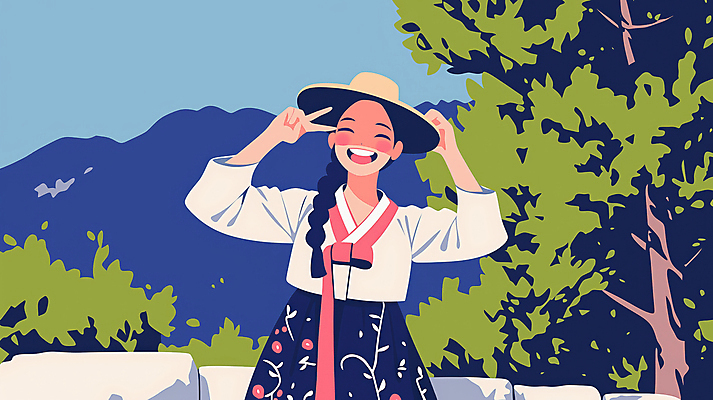 JPG 나무 여자 일러스트 청소년 산 한명 미소 담장 봄 잡기 한복 밀짚모자 브이 활기 십대여자한명만 국내일러스트 AI일러스트 AI콘텐츠 식물 모자_잡화 1 한국전통 계절 컨셉 모션 표정 사람 손짓 전통의상 여자한명만 십대여자만 파일형식