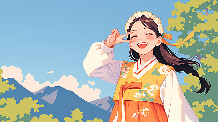 JPG 나무 구름 여자 일러스트 청소년 하늘 산 한명 미소 상반신 봄 머리띠 한복 브이 활기 십대여자한명만 국내일러스트 AI일러스트 AI콘텐츠 자연요소 식물 1 한국전통 계절 컨셉 장신구 표정 사람 손짓 전통의상 여자한명만 십대여자만 파일형식