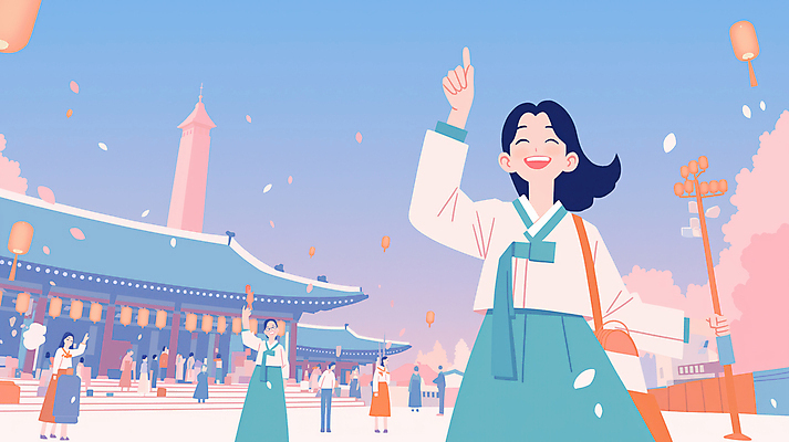 JPG 여자 남자 일러스트 청소년 한옥 서기 미소 여러명 성인 손들기 봄 군중 한복 활기 접기 풍등 국내일러스트 AI일러스트 AI콘텐츠 한국전통 계절 다수 컨셉 고건축 모션 조명 표정 사람 전통의상 파일형식