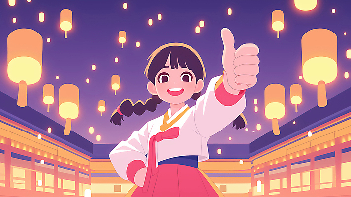 JPG 여자 허리손 일러스트 청소년 한옥 한명 미소 상반신 봄 저녁 한복 따봉 활기 풍등 십대여자한명만 국내일러스트 AI일러스트 AI콘텐츠 1 한국전통 계절 포즈 컨셉 고건축 조명 표정 사람 최고 야간 전통의상 여자한명만 십대여자만 파일형식